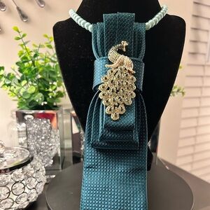 Teal Women’s Bow Tie Scarf with Gold Peacock Brooch